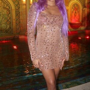 Oh Polly Sheer Embellished Long Sleeve A-Line Mini Dress in Mocha